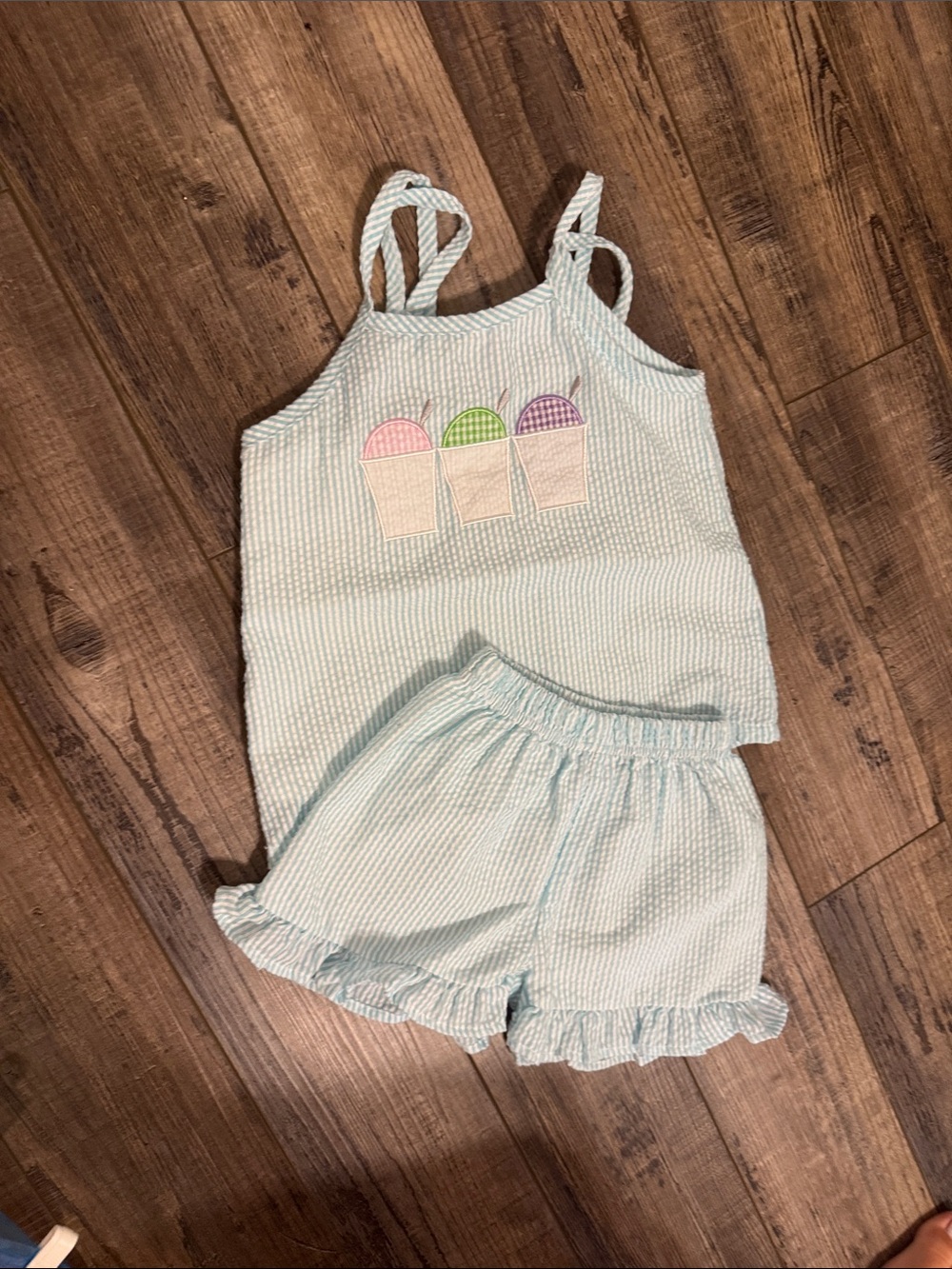 Stitchy Fish Light Blue Girls' Seersucker Pajama Set with Ice Cream Appliqué